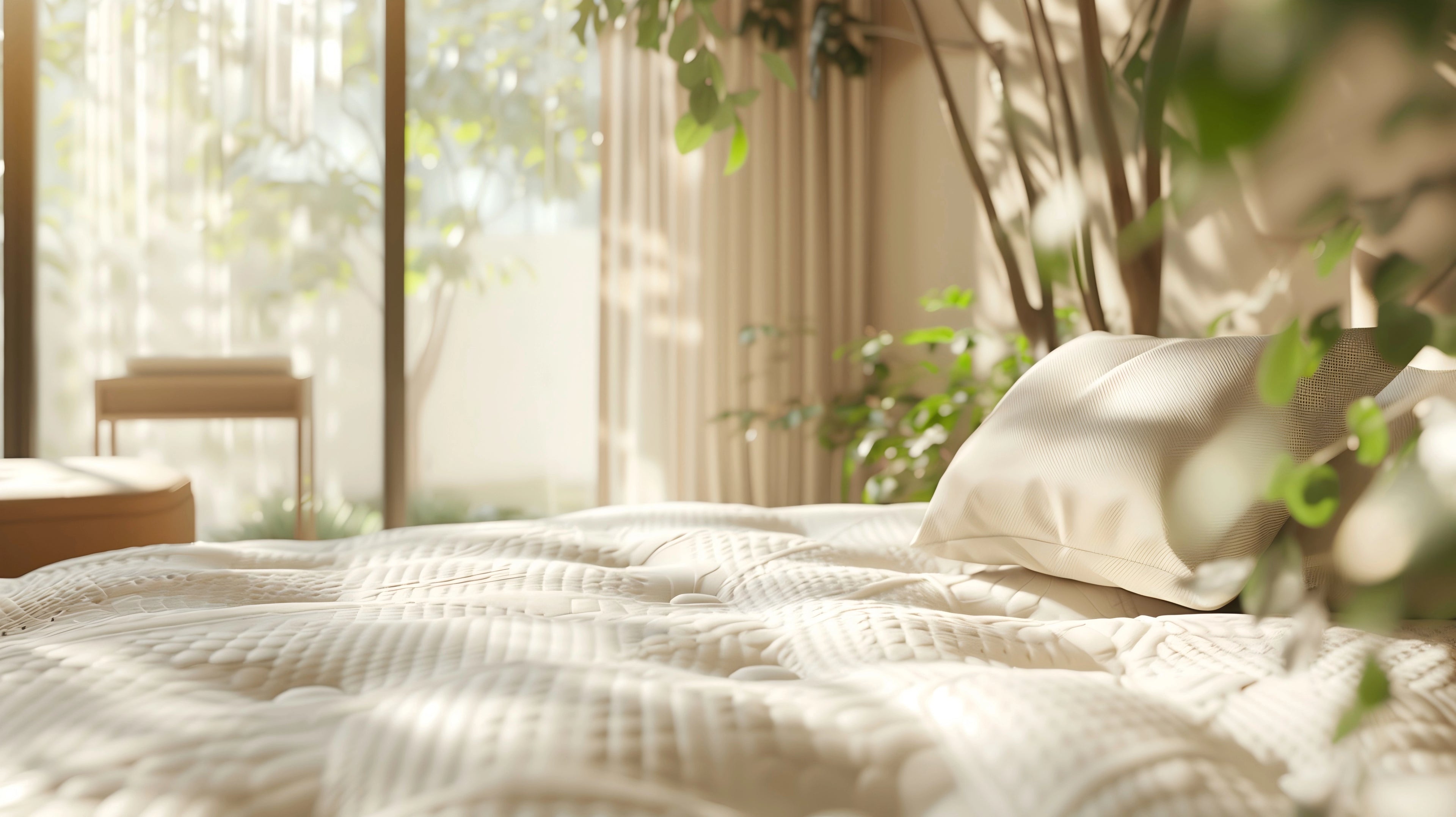 Mily Mattress home page, featuring a sustainable and eco-friendly room with a white bed surrounded by lush green plants, reflecting harmony with nature.