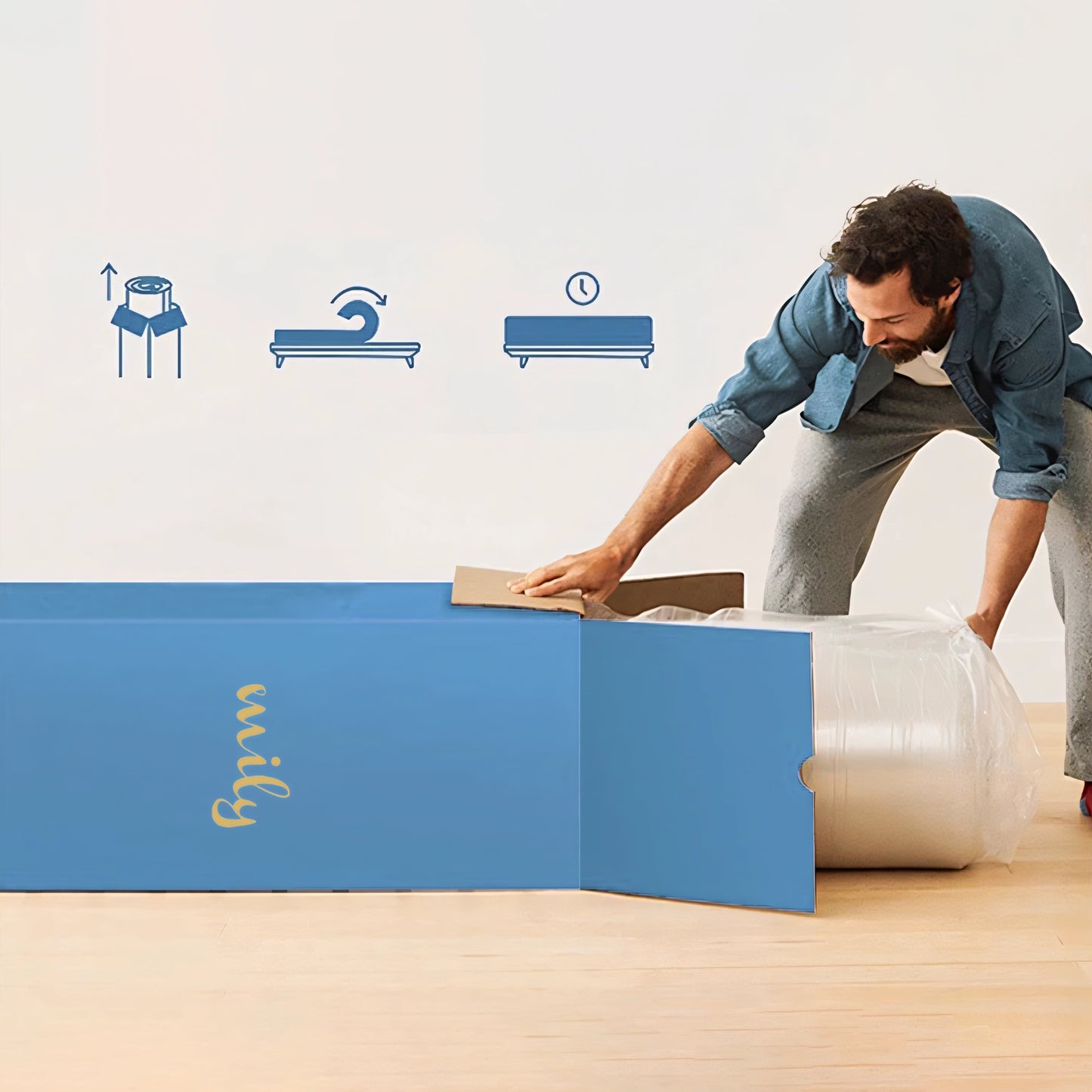 Mily Roll-up Mattress being unboxed, featuring spring construction, designed to reduce transportation size for efficient shipping.